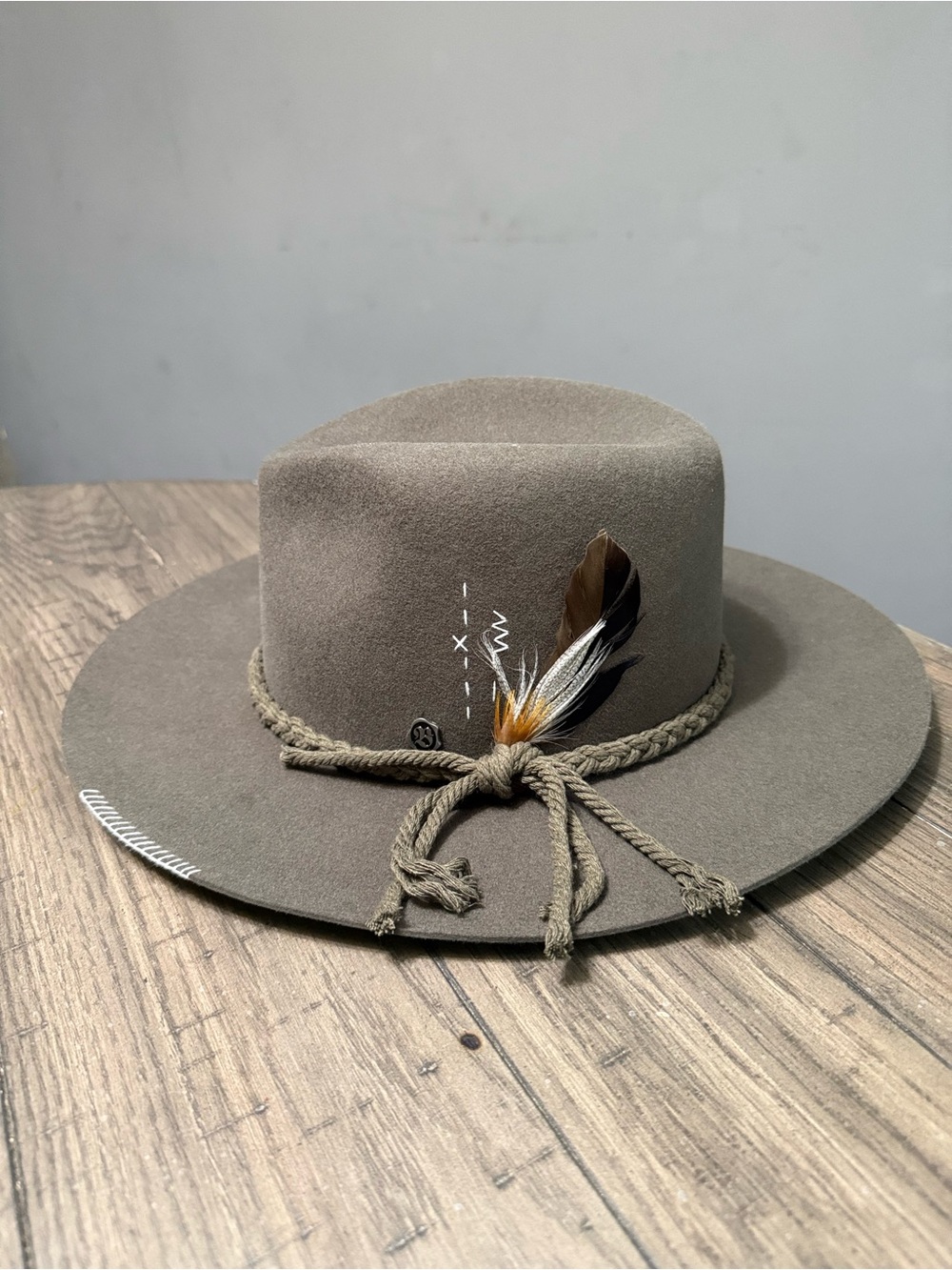 Olive Green Wide-Brim Felt Hat with Braided Trim & Feather Accent
